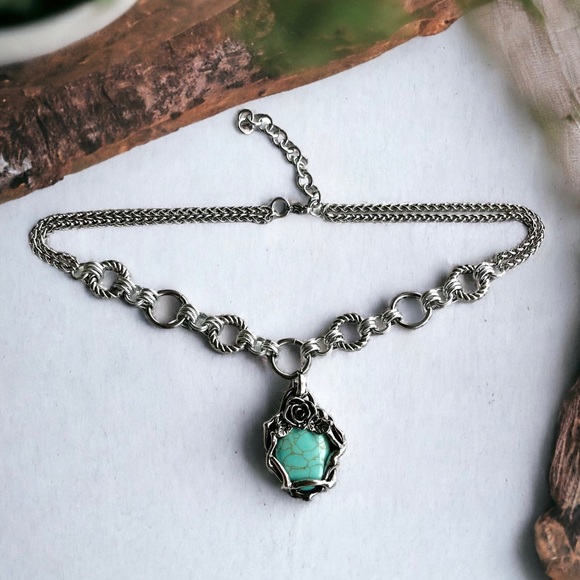 Stainless steel necklace double chain blue green turquoise stone rose charm boho - Picture 5 of 11
